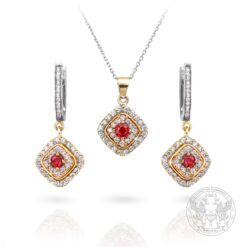 Комплект медальон с обеци с червени сапфири и диаманти