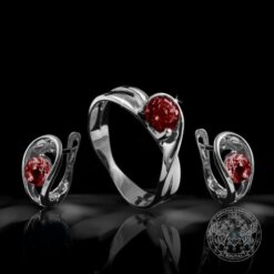 Комплект пръстен и обеци от бяло злато с Гранат
